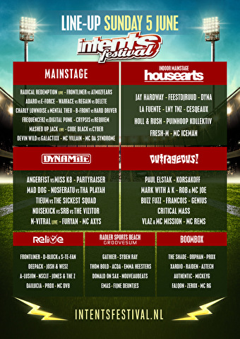 Opstelling (line-up) zondag van Intents Festival 2016 · It's all in the Game!